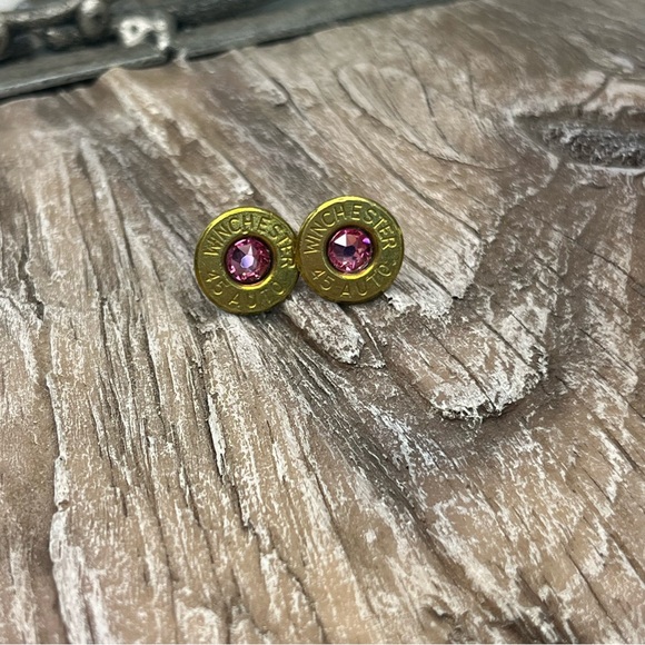 BULLET STUD EARRINGS - 45 AUTO - SWAROVSKI CRYSTAL BIRTHSTONE - OCTOBER - ROSE - Picture 1 of 8
